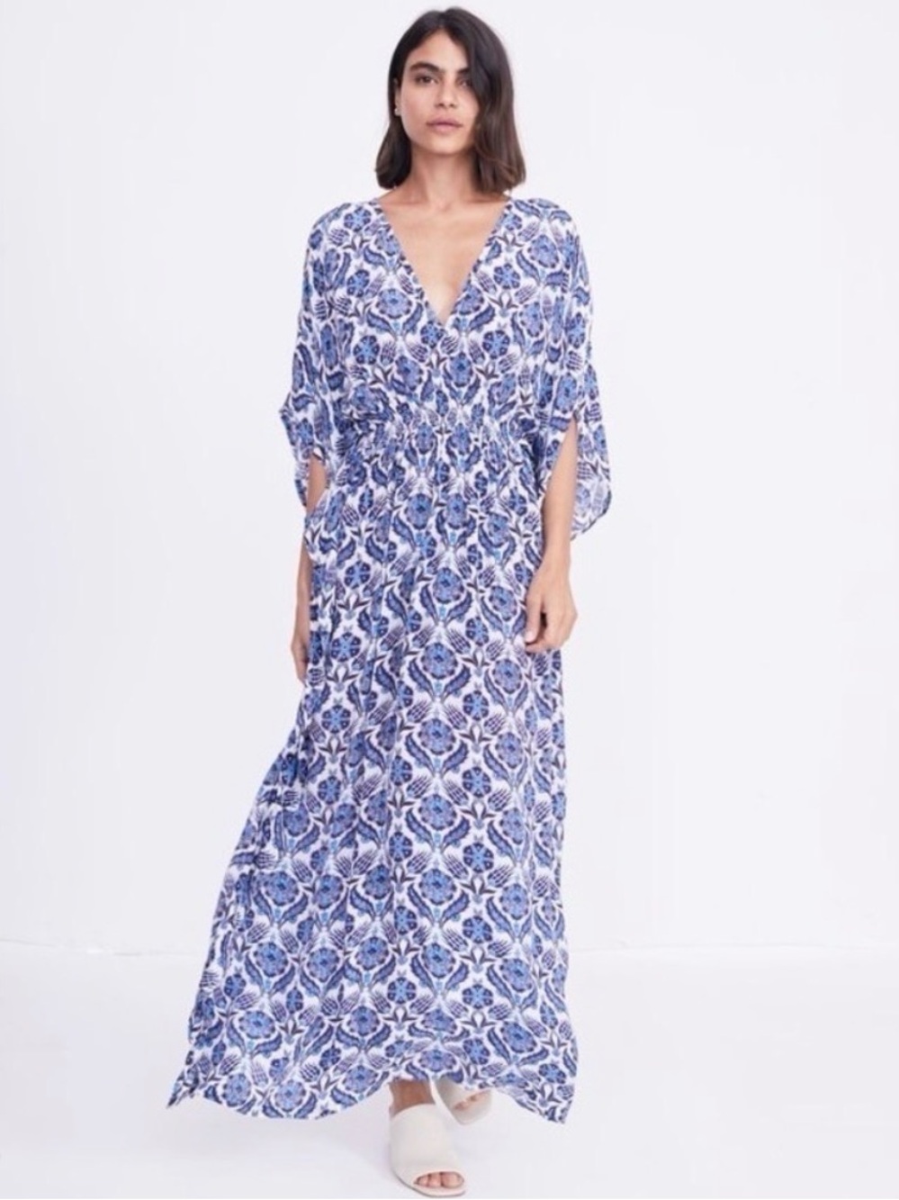 Rujuta Sheth New York Marie Cinched Kaftan/Caftan Dress Blue Lotus Size S/M
